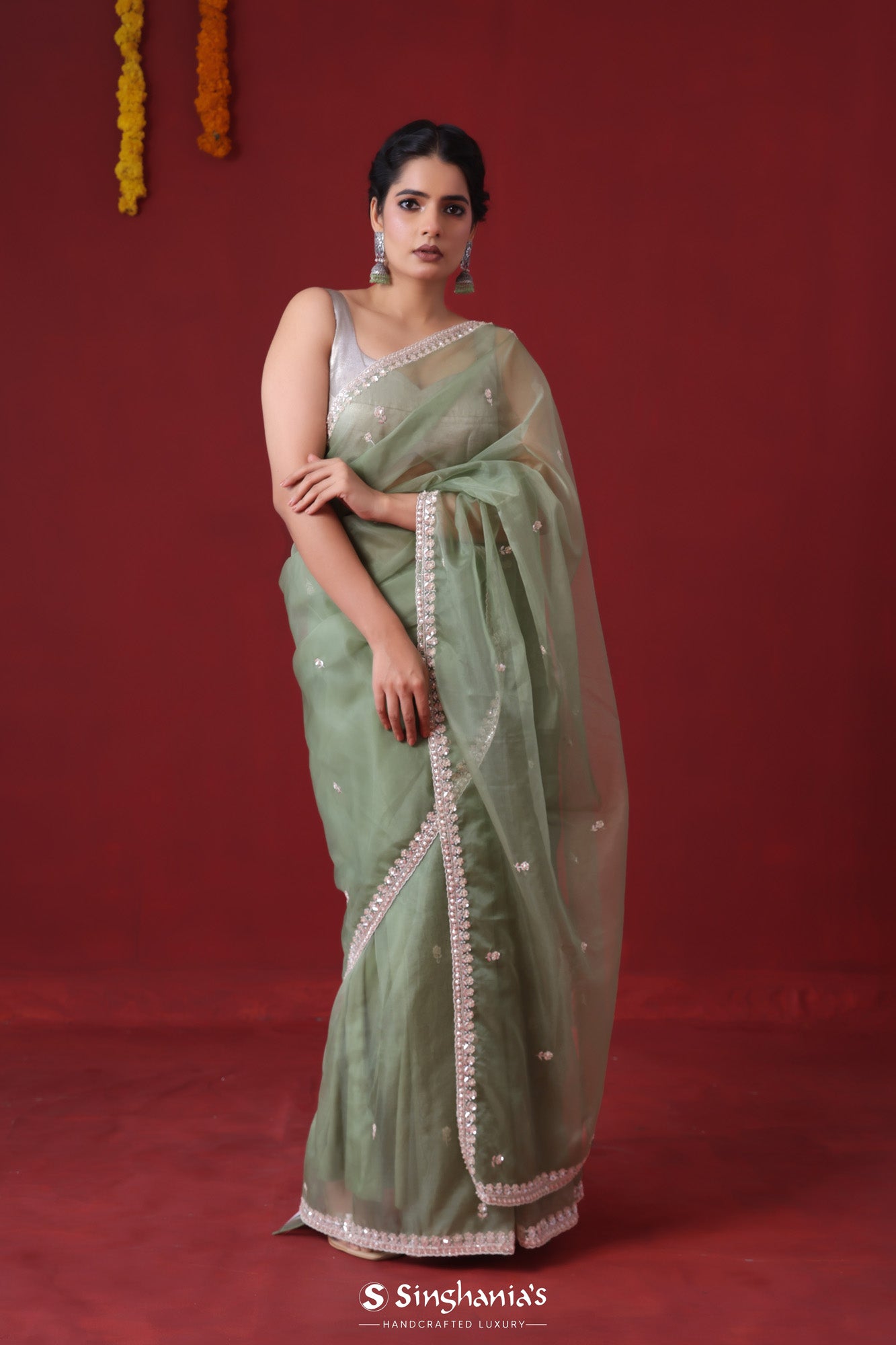 Buy Minty Green Crepe Saree With Sequins