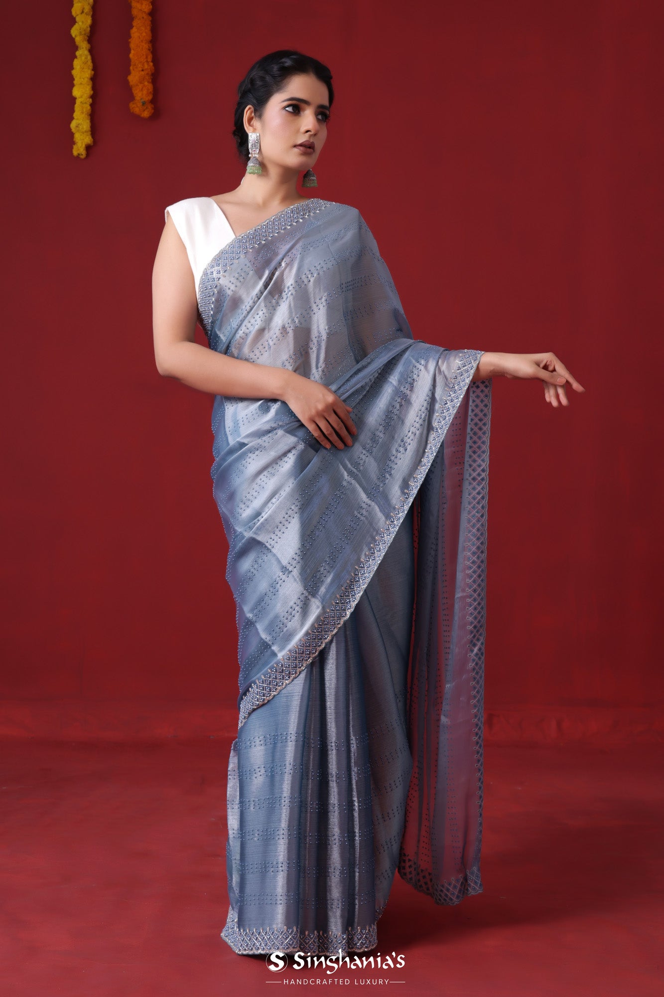 Trendy Prussian Blue Color organza Base Embroidered Saree