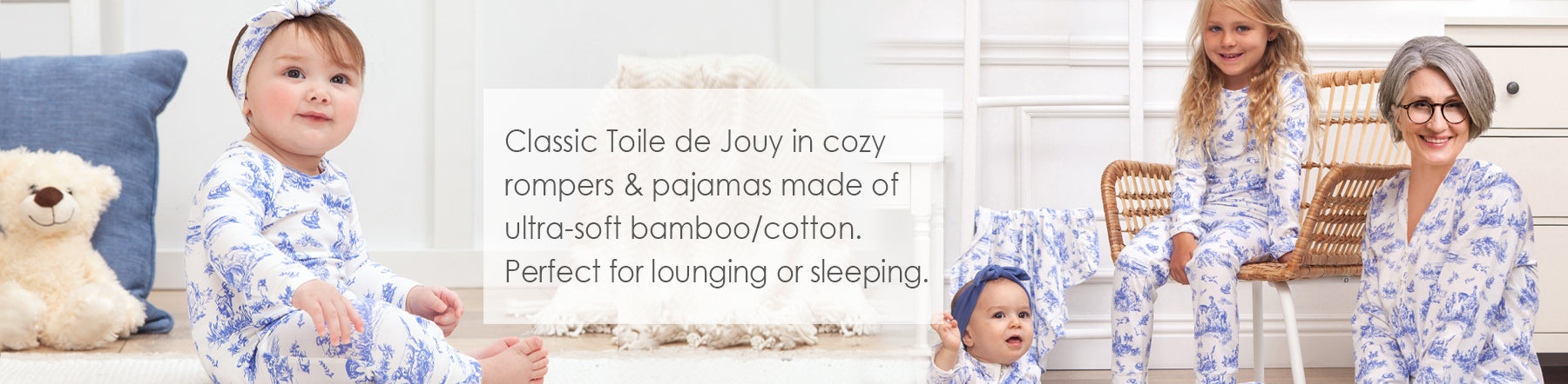 toile de jouy bamboo rompers and pajamas