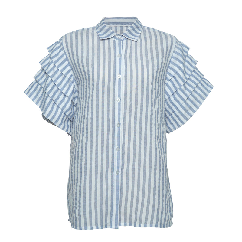 THE ROSE SLEEVE SHIRT IN WOVEN BLUE/WHITE STRIPE