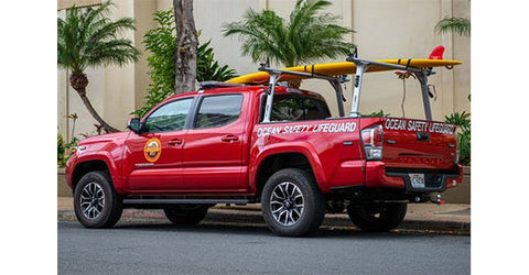 A red pickup truck with a surfboard in a cargo box is parked on the side of a road full of palm elm trees