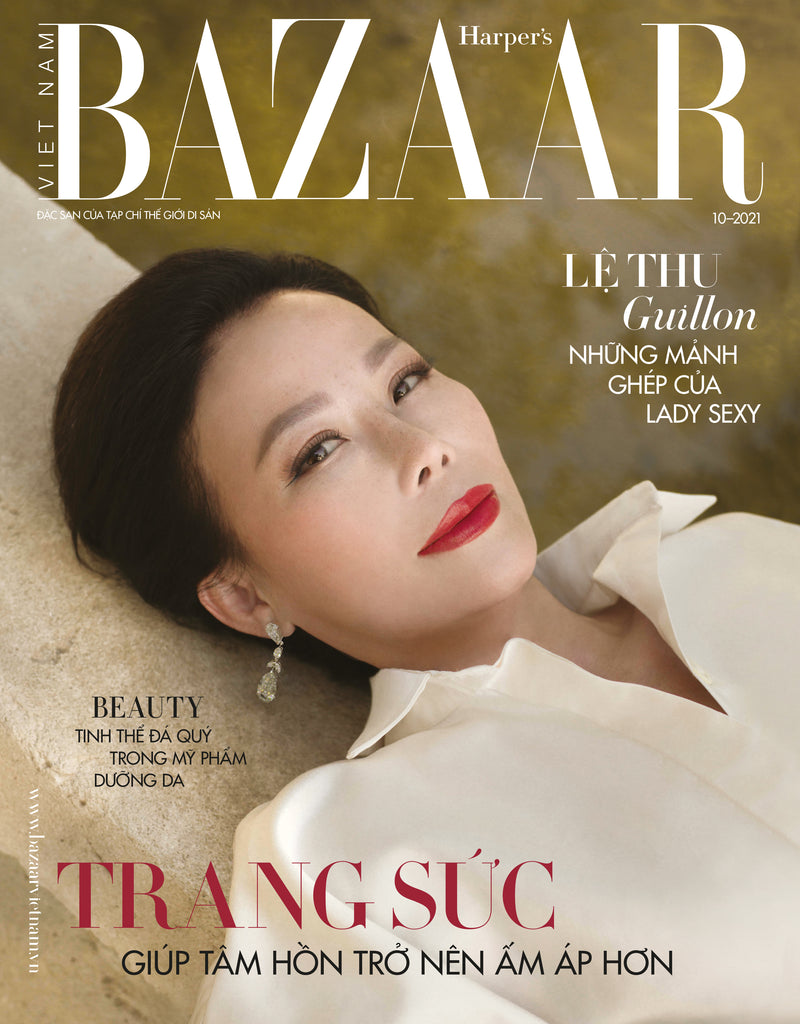 Doanh nhân Lệ Thu Guillon trên trang bìa Harper’s Bazaar Việt Nam, 10/2021. Hoa tai kim cương: Anabaela Chan. Áo lụa: KHYELI Prêt-à-Porter N0.1