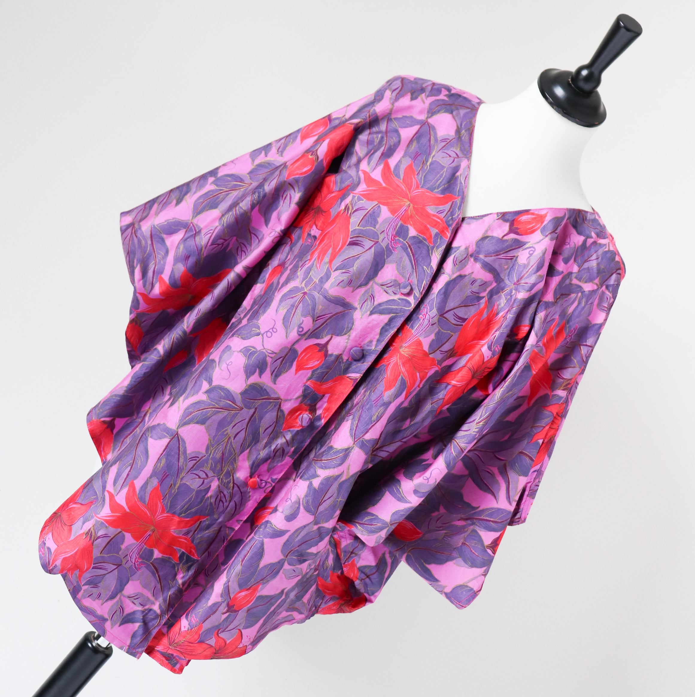 Thai Silk Blouse - Vintage - Loose / Long Tunic - Pink / Floral  - Oversized L / UK 14
