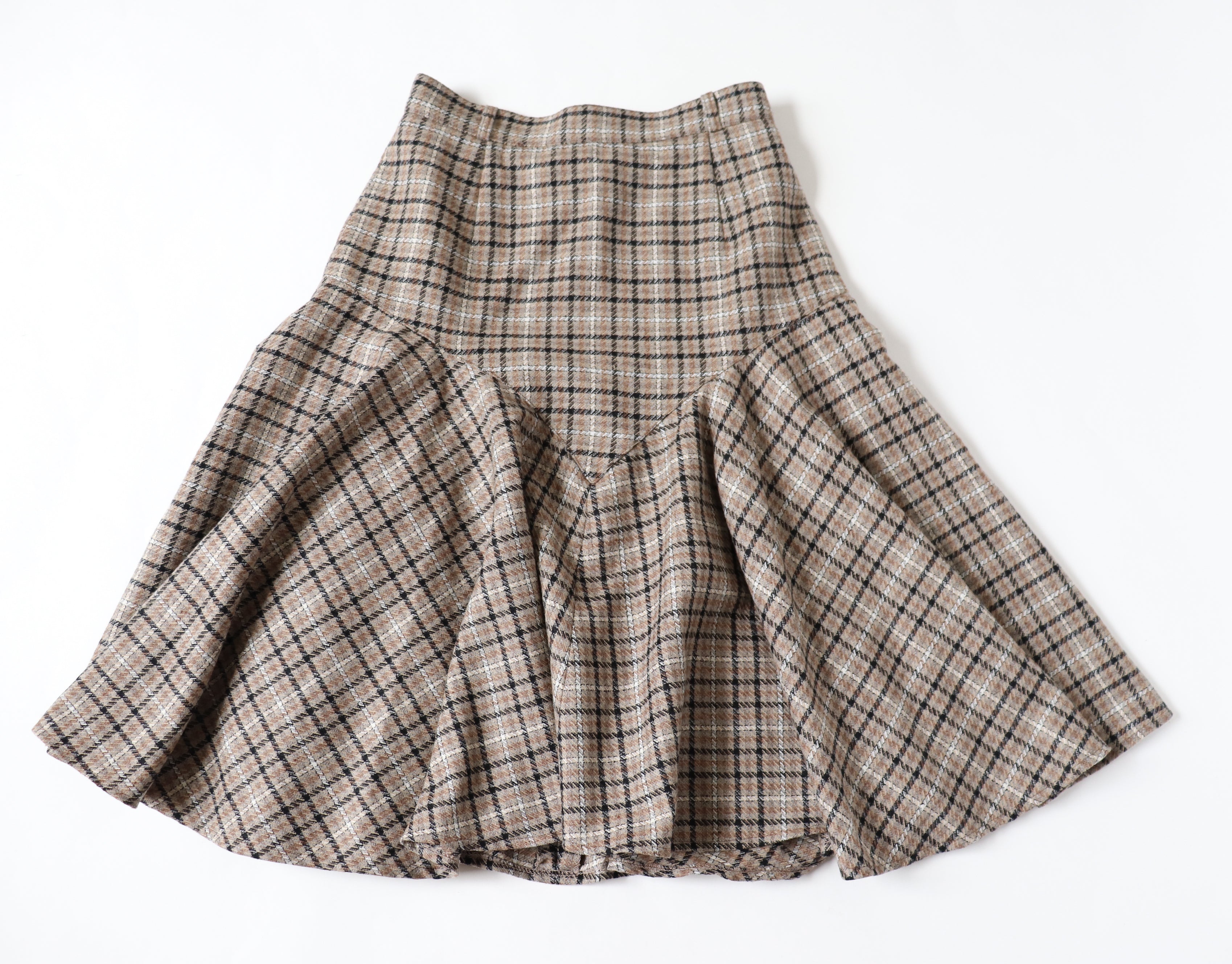 Drop Waist Vintage Skirt - Beige / Brown - Plaid / Tweed  - Wool Blend - S / UK 10