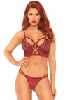 2 Pc Lace Bralette With Cage Strap O-Ring Bodice Detail and Matching G-String - Burgandy - Small- Medium