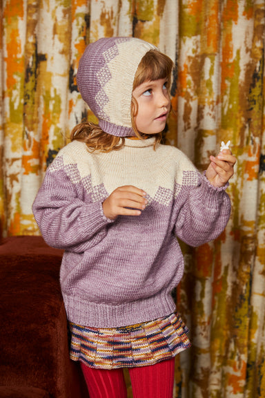 Pinecone Sweater - Periwinkle+Model is 42 inches tall, 36lbs, wearing a size 4-5y