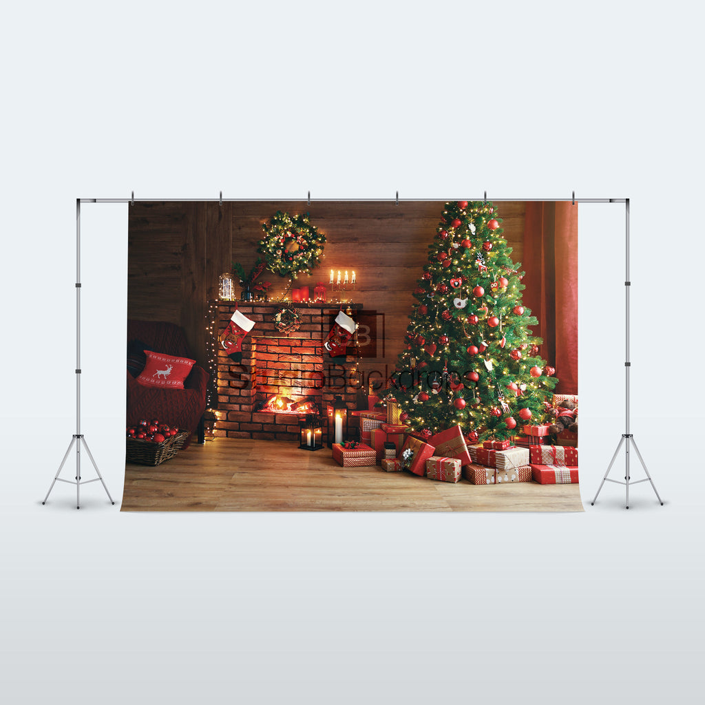 Christmas Interior Fireplace with Tree Photography Backdrop BD-301-SCE ...