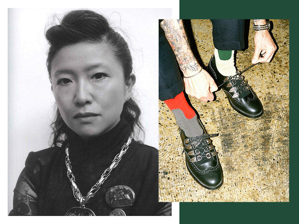 Black and white photo of Toga designer, Yasuko Furuta, collaged with a color photo of a person putting on some lace up Toga shoes.