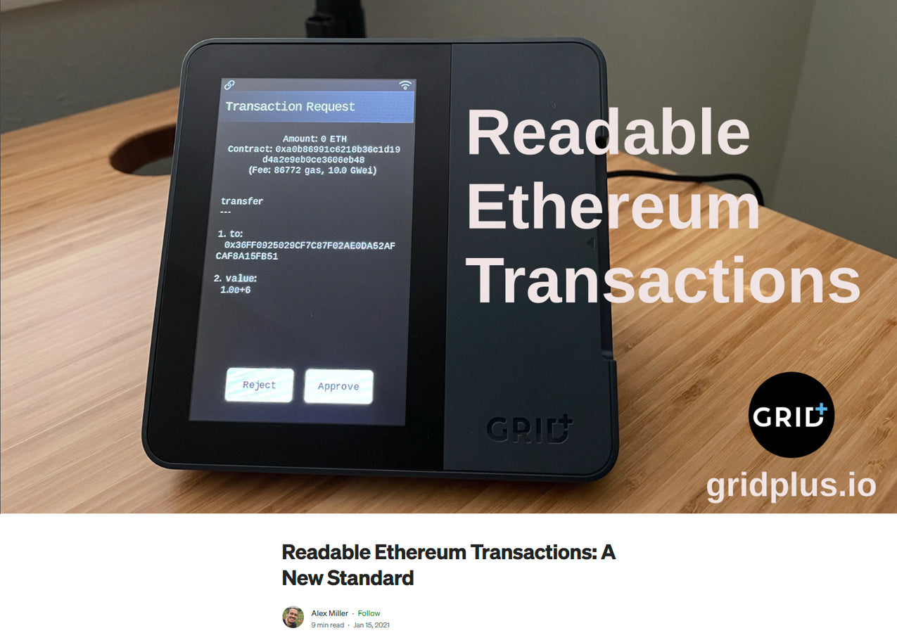 A screenshot of the blog post where GridPlus introduced Ethereum Clear Signing for hardware wallets in January, 2021. The photo features an image of this new feature on the GridPlus Lattice1 secure crypto wallet.
