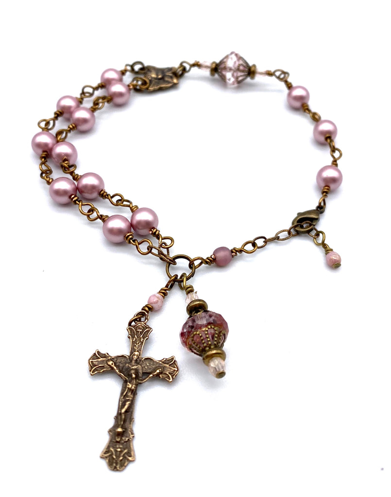 Lilac Pink Opal Jade Catholic Heirloom Rosary Devotional Bracelet