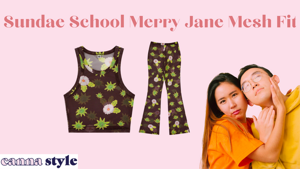 Sundae School Merry Jane Mesh Fit; below a mesh 2 piece outfit with a floral pattern featuring a cannabis leaf. In the corner, the founders Dae and Cindy Lim.