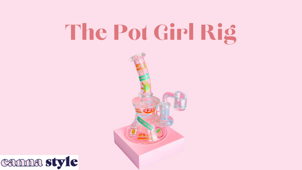 The Pot Girl Rig; below, a dab rig with colorful sticker-like decals covering it