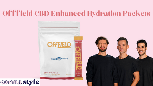 Offfield CBD Enhanced Hydration Packets; below, the hydration packets; in the corner, co-founders Tony Fur, Todd Hunter, and Bert Culha.