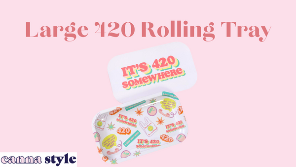 Large 420 Rolling Tray; below, a rolling tray with sticker-like decals and a magnetic cover that reads "It's 420 Somewhere"