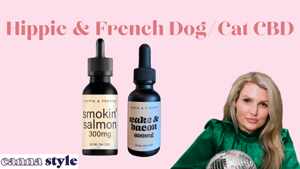 Hippie & French Dog/Cat CBD; below, two dropper bottles of Salmon and Bacon CBD for pets. In the corner, Founder, Lindsay French.