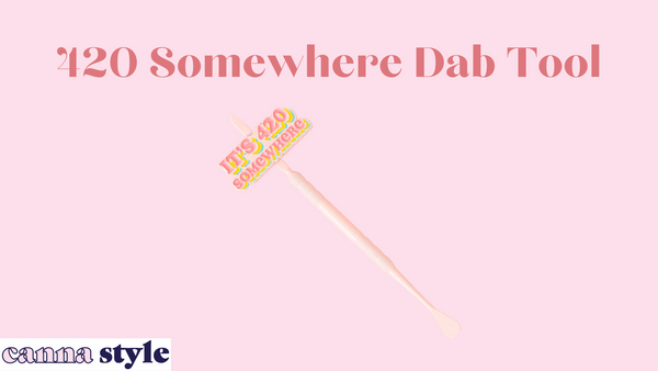 420 Somewhere Dab Tool; below, a pink metal dab tool with a metal decal and a small spoon at the end