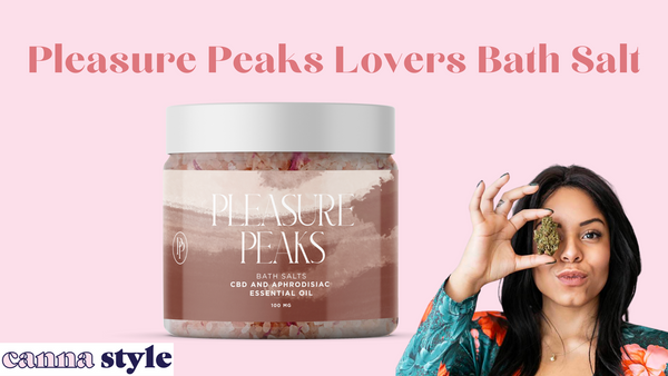Pleasure Peaks Lovers Bath Salt; below, a jar of bath salts; in the corner, the founder