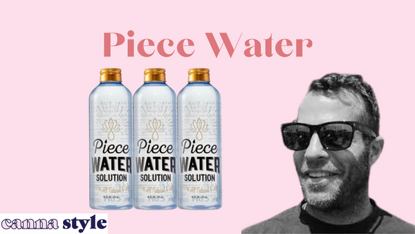 Piece Water; three bottles and a photo of the founder, Michael Migdol
