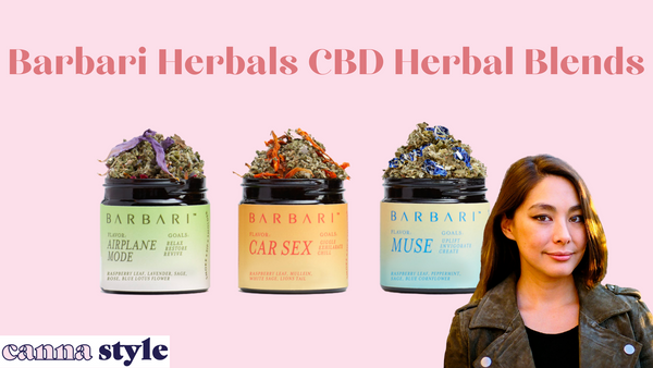 Barbari Herbals CBD Herbal Blends; three containers in various colors with hemp flower and herbal mix-ins.  In the corner,  the founder,  Meryl Montgomery.