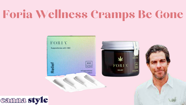 Foria Wellness Cramps Be Gone; below, CBD suppositories and topical salve in a jar. In the corner, the founder Matt Gerson.