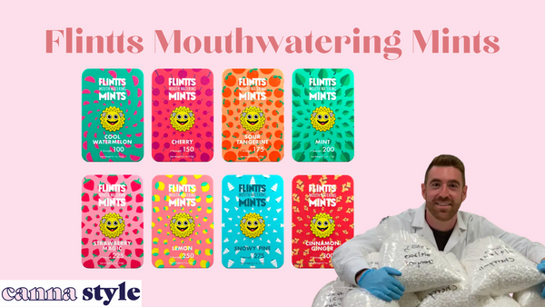 Flints Mouthwatering Mints in 8 flavors; in the corner, the founder Russell Adler with bags of mints