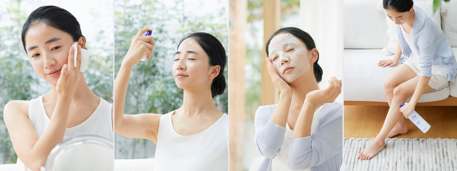 Japanese model displaying different usages for naturie hatomugi lotion