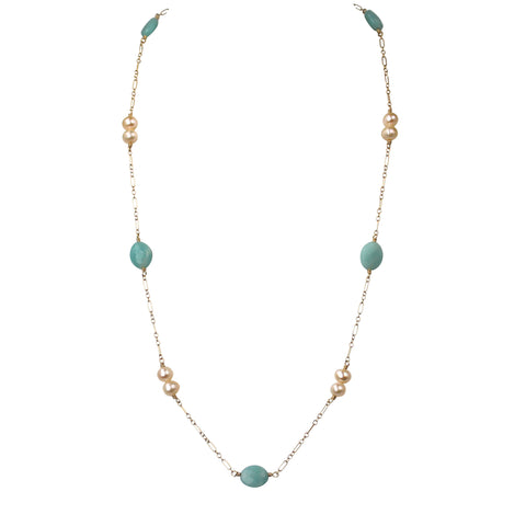Pink Pearl and Amazonite 14k Gold Station Necklace