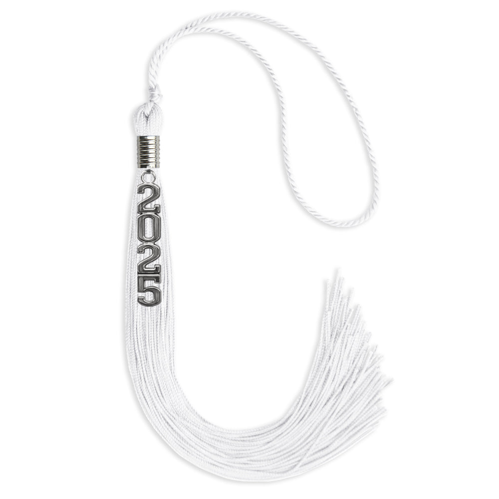 White Graduation Tassel with Silver Stacked Date Drop