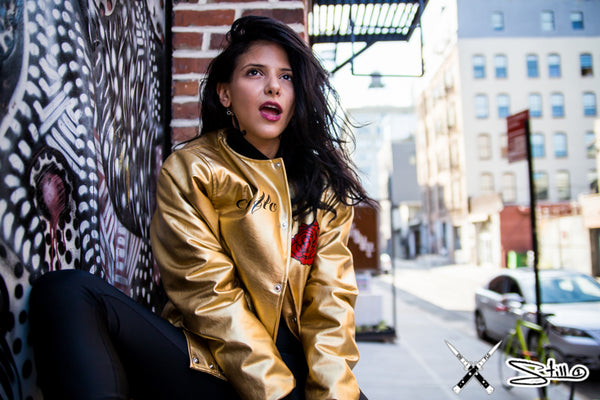 Chi Flo x Still 1 Fall Streetwear Shoot in Brooklyn Rose Gold Metallic Bomber Jacket