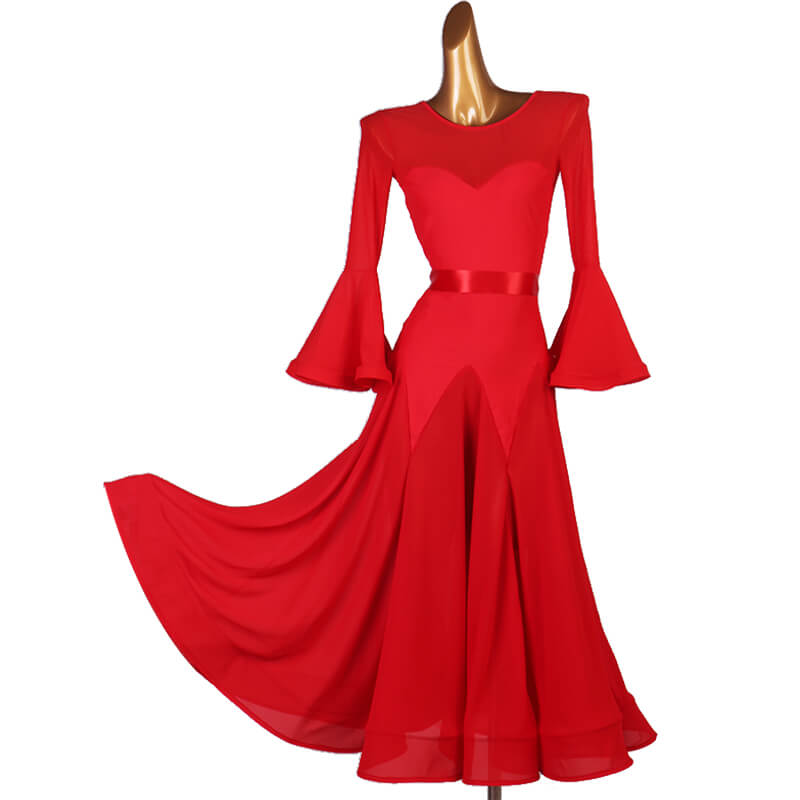 Womens A-Line Long Boat Neck Trumpet Sleeve Ballroom Dress with Mesh ...