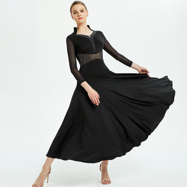 Womens Draped Long Asymmetric Sheer Sleeve Ballroom Dress with Glitter ...