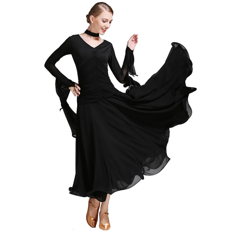 Womens Asymmetric Maxi V Neck Long Sleeve Ballroom Dress Ruching – DANCEYM