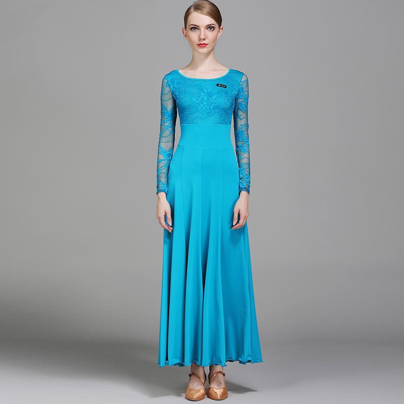 Womens Empire Long Boat Neck Lace Sleeve Ballroom Dress Lace – DANCEYM