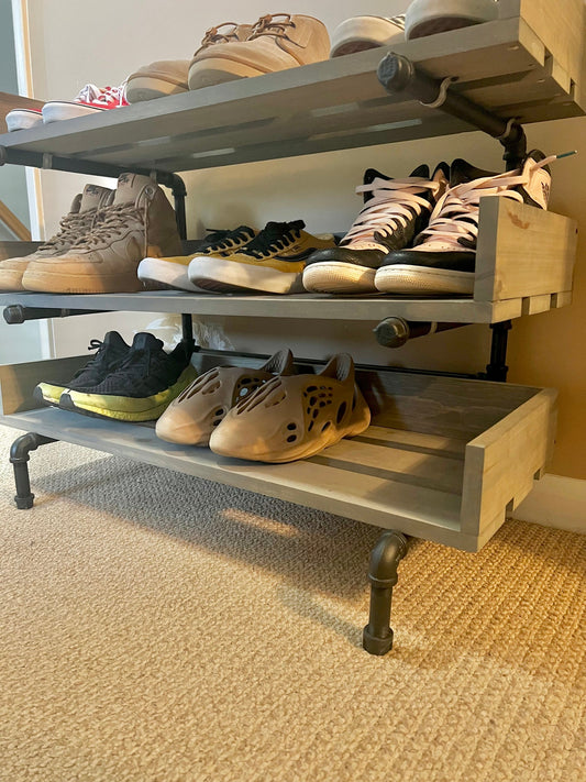 Solid Wood and Pipe Shoe Rack – Crafted of Light and Lumber