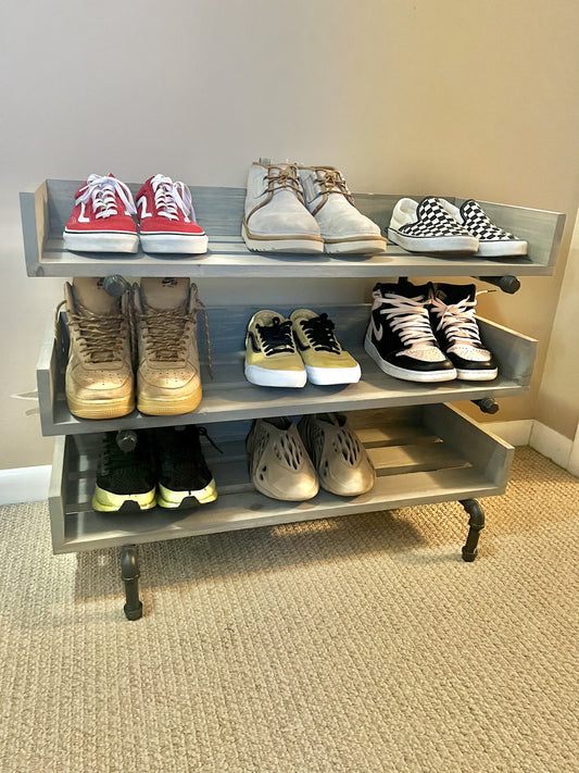 Wall mounted Solid Wood and Pipe shoe rack – Crafted of Light and