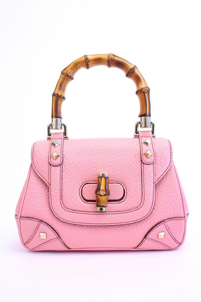 GUCCI Pink Studded Leather Handbag w/Bamboo Handle & Wallet