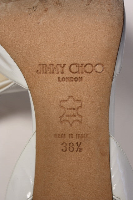 JIMMY CHOO White Patent Leather & Gold Heels at Rice and Beans Vintage