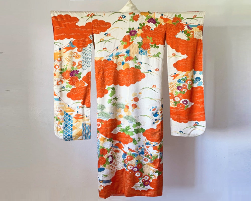 Antique Furisode - Embroidered Orange and Floral design – shopmikami.com