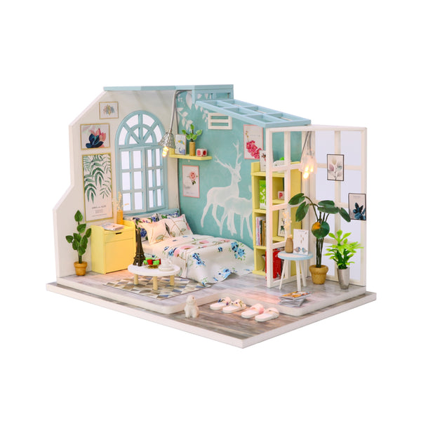 1 24 Miniature Diy Dollhouse Kit Wooden Blue Sun Room With Dust Cover Architecture Model Kit English Manual