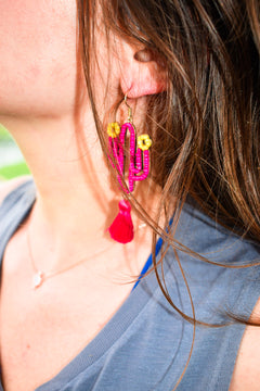 Pink Cactus Beaded Flower Earrings