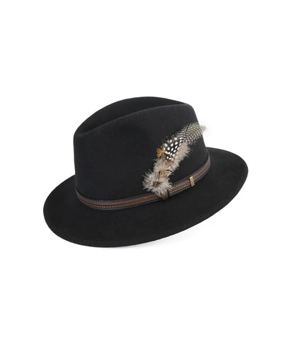 Black fedora hat with feather detail