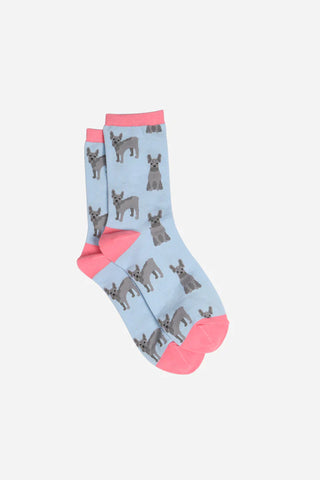 French bulldog patterned socks with blue background and pink trim
