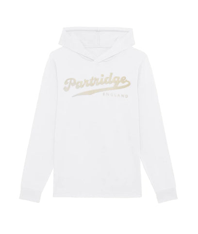 white hooded jumper with off white embossed lettering