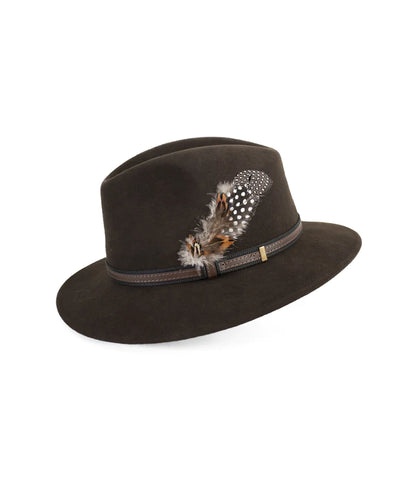 Brown wool fedora hat with bird feather detail