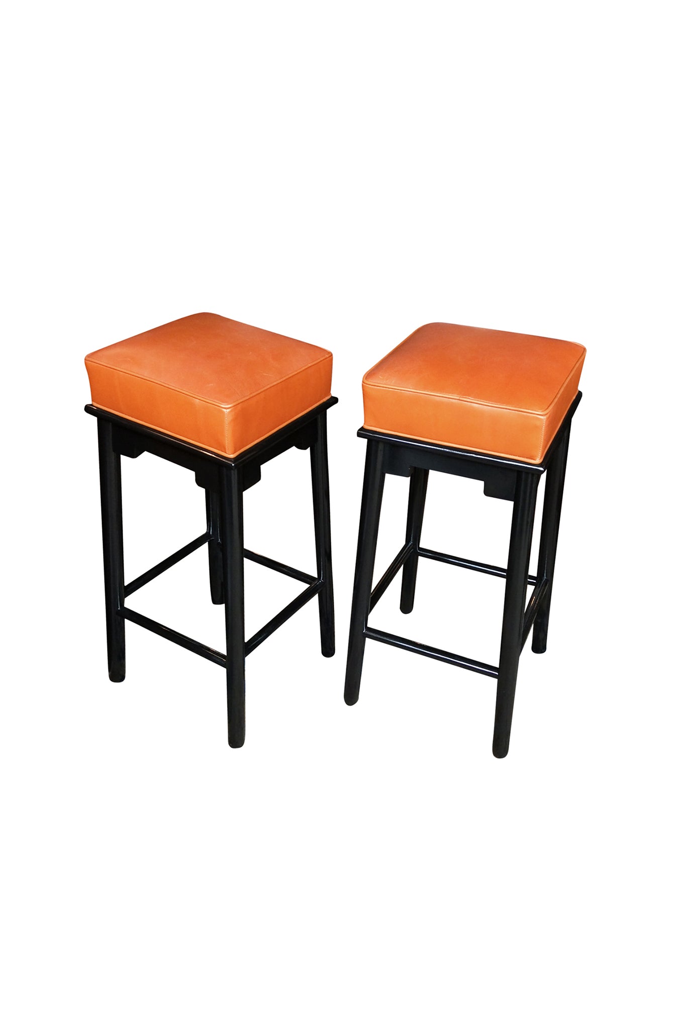 Pair of 1950s Leather & Lacquered Bar Stools in the Style of James Mont