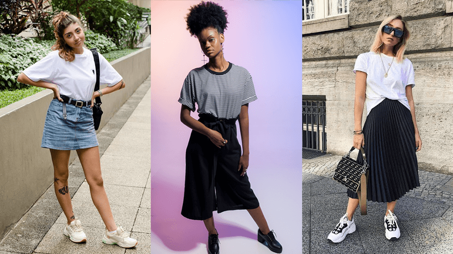 como usar camiseta larga feminina e blusa larga - inspirações e combinações com saia