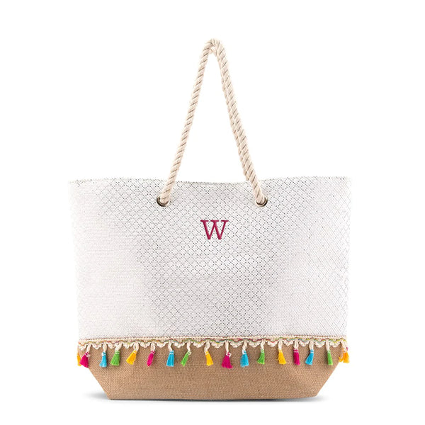 PERSONALIZED EXTRA-LARGE WOVEN STRAW TOTE BAG - COLOR FRINGE