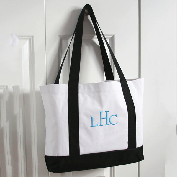 PERSONALIZED WHITE AND BLACK MONOGRAM REUSABLE TOTE BAG