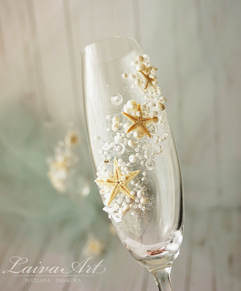 Personalized Beach Wedding Glasses Wedding Champagne Glasses Wedding Toasting Flutes Set of 2