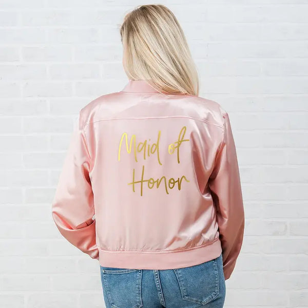 Womens-custom-printed-pink-satin-bomber-jacket